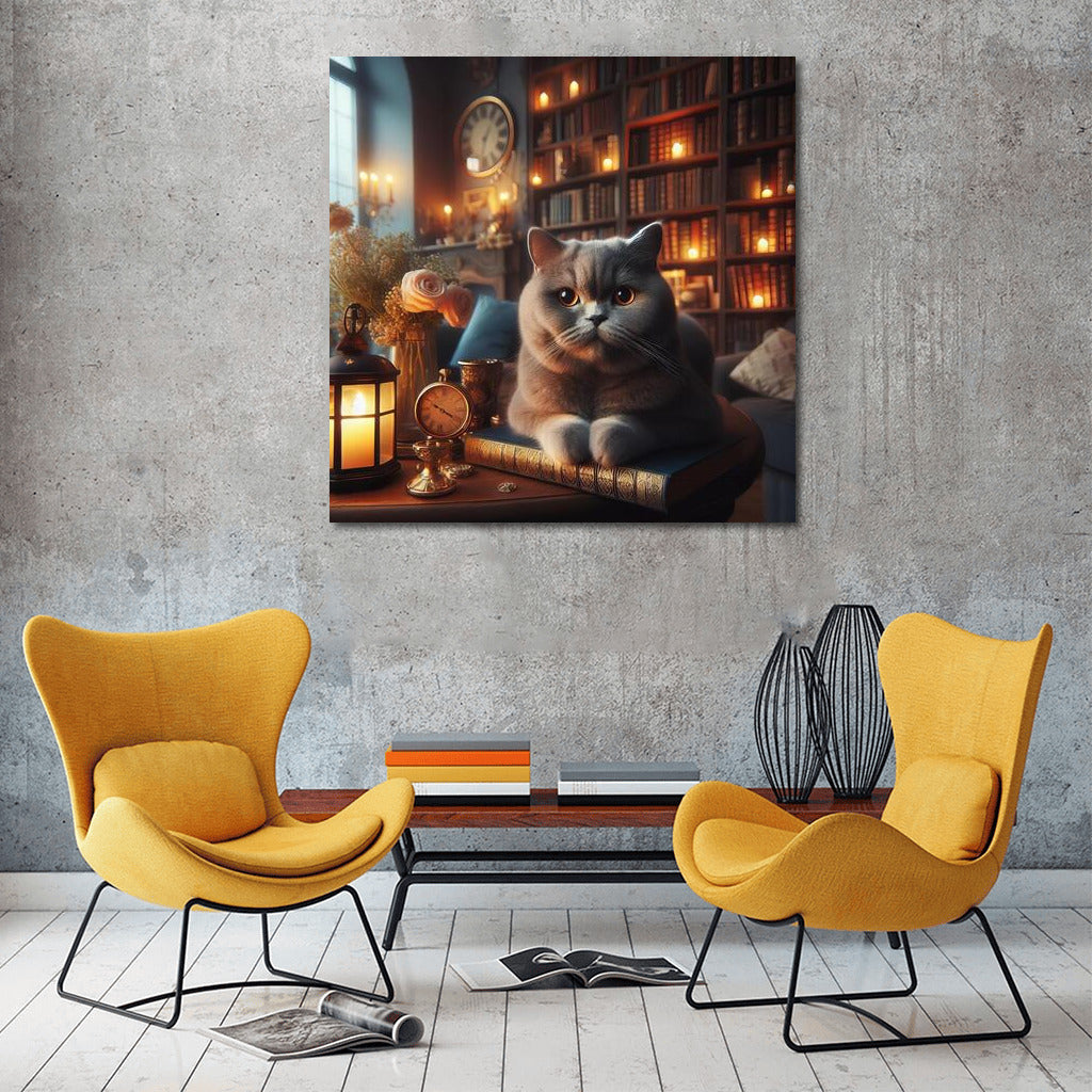 British Shorthair in the Cozy Library: Harmony and Tranquility