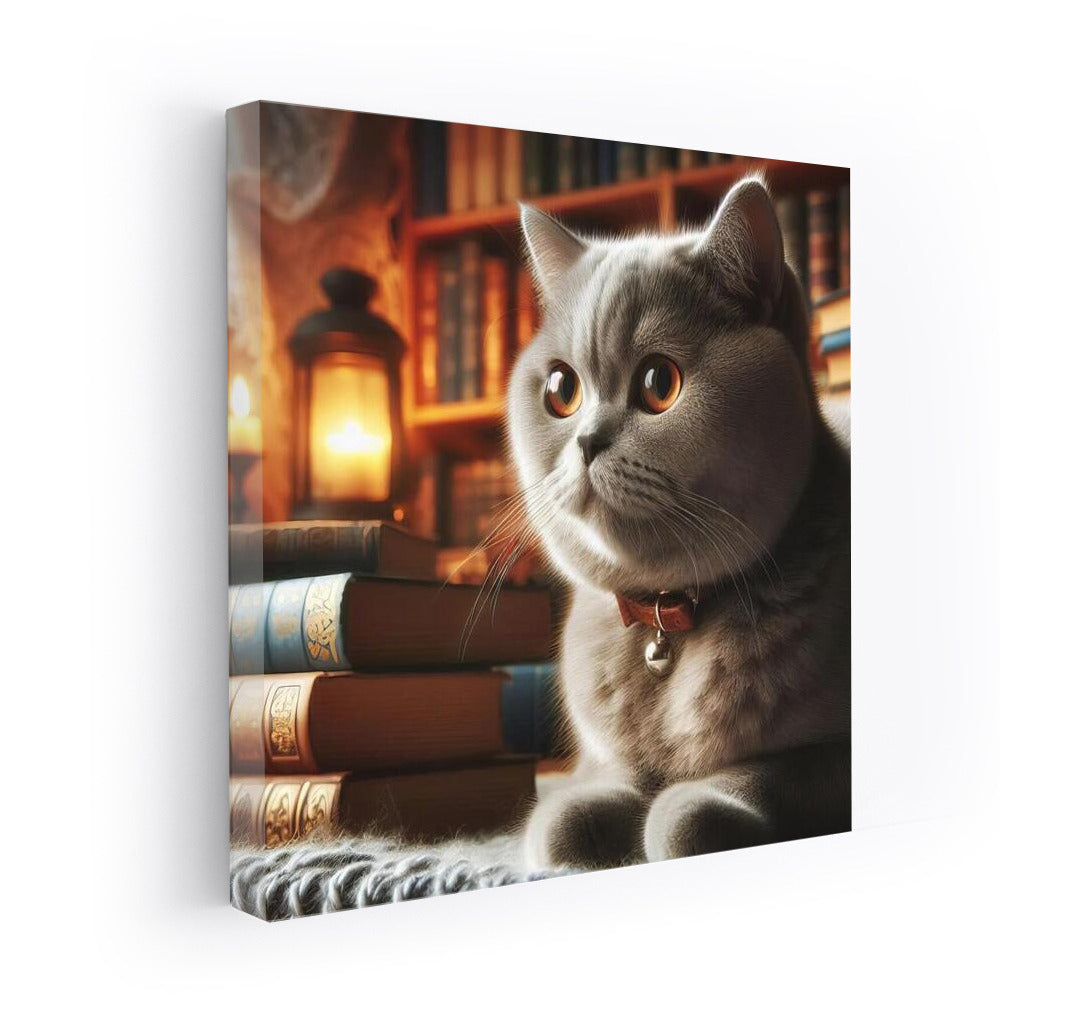 British Shorthair in the Cosiness of the Library: Silence and Charm