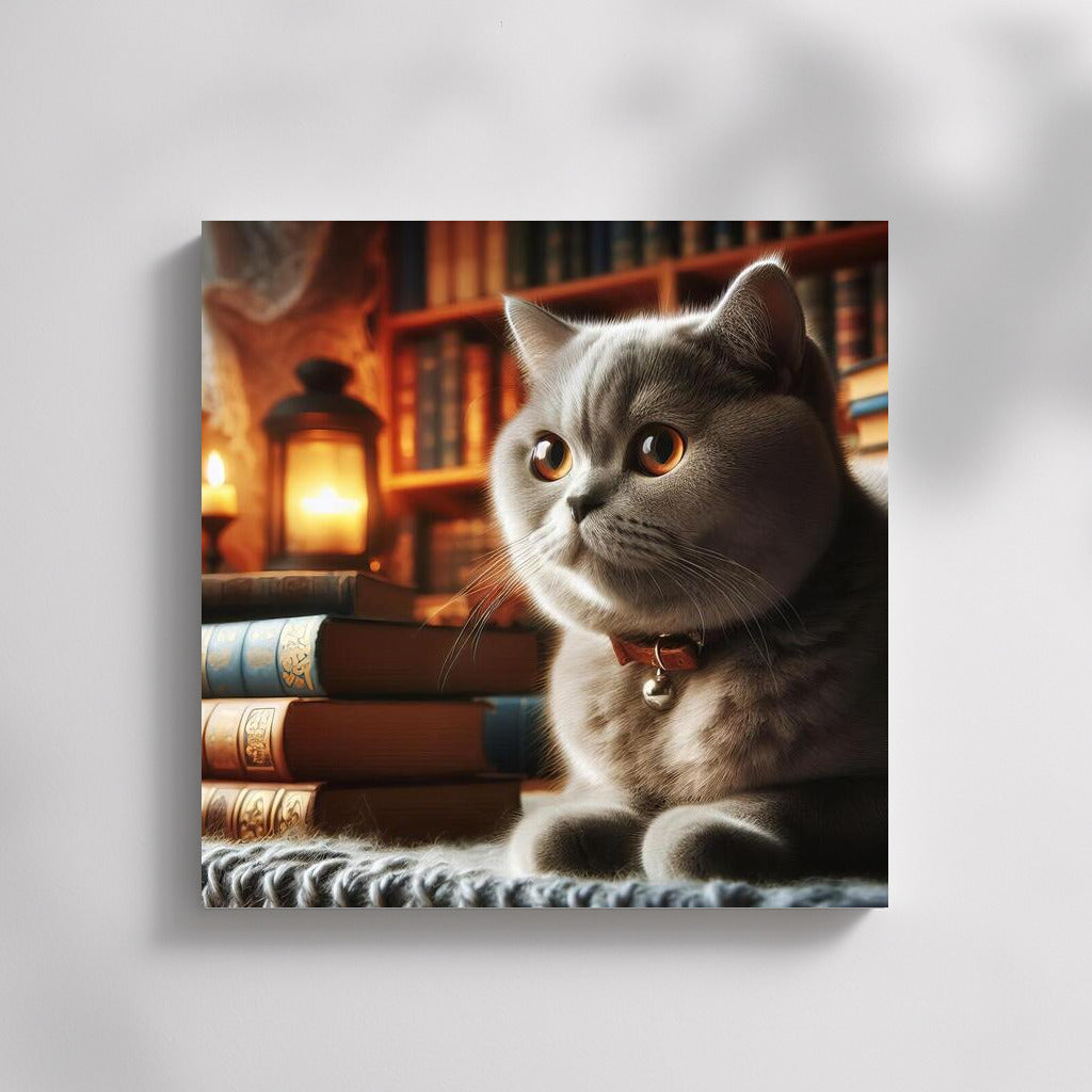 British Shorthair in the Cosiness of the Library: Silence and Charm