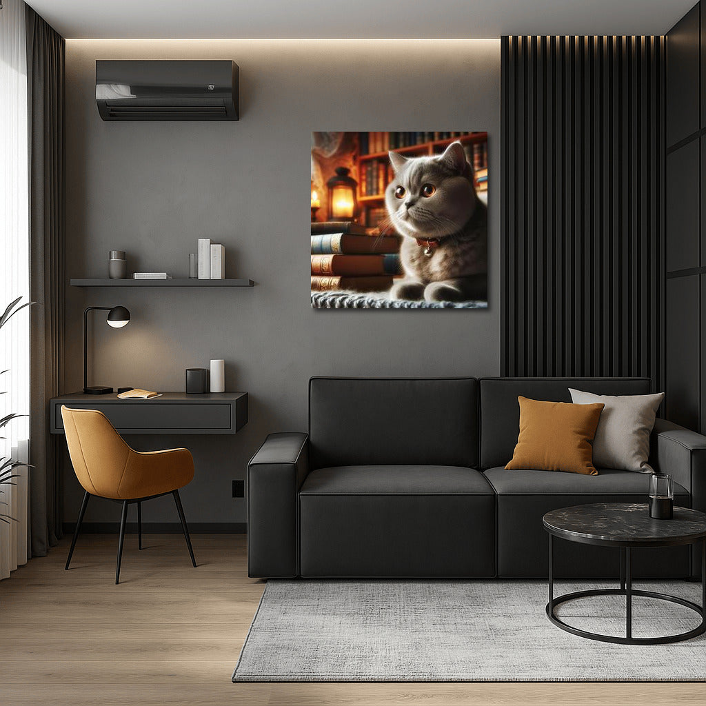 British Shorthair in the Cosiness of the Library: Silence and Charm
