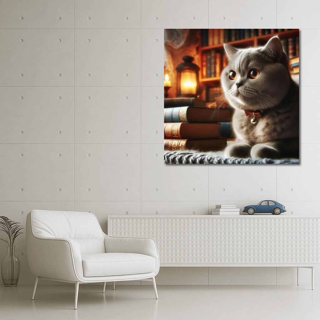 British Shorthair in the Cosiness of the Library: Silence and Charm