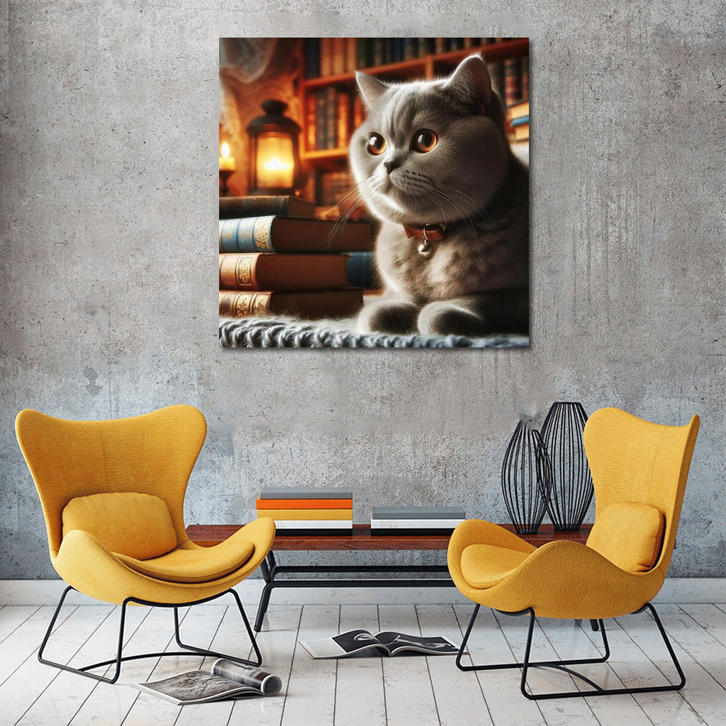 British Shorthair in the Cosiness of the Library: Silence and Charm