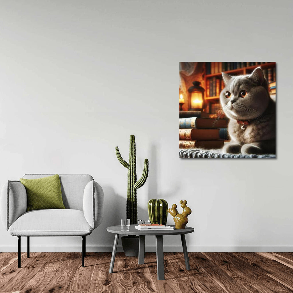British Shorthair in the Cosiness of the Library: Silence and Charm