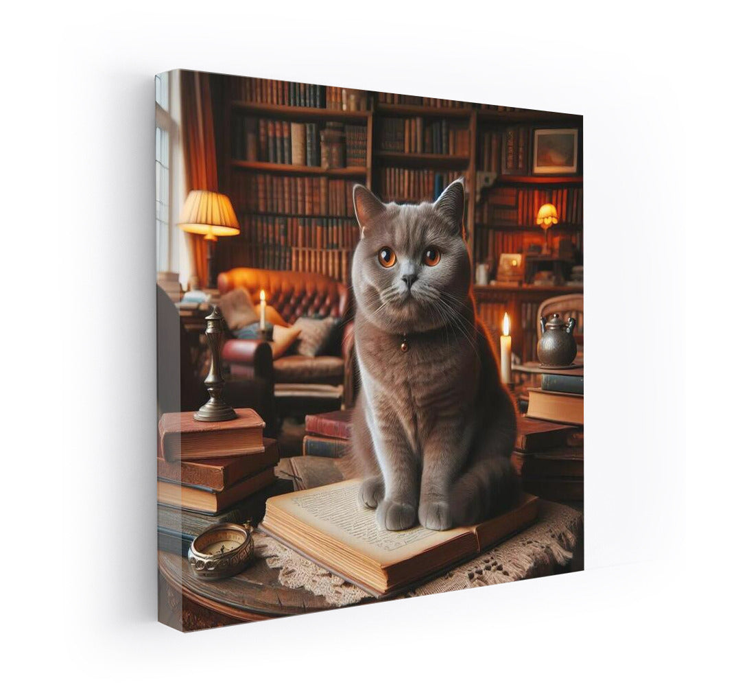 British Shorthair Cat in a Cosy Library: The Perfect Companion for Book and Cat Lovers