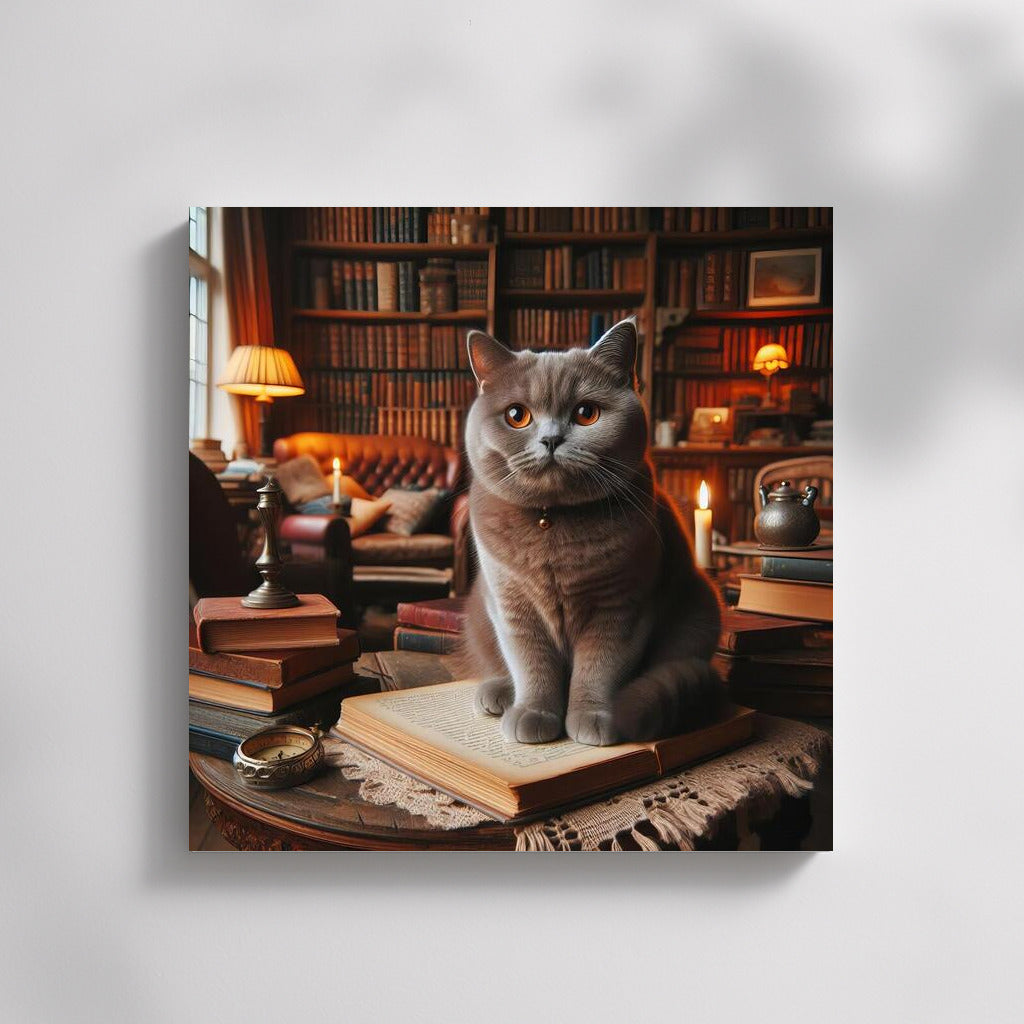 British Shorthair Cat in a Cosy Library: The Perfect Companion for Book and Cat Lovers