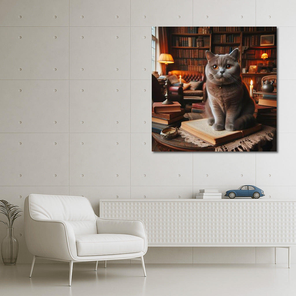 British Shorthair Cat in a Cosy Library: The Perfect Companion for Book and Cat Lovers