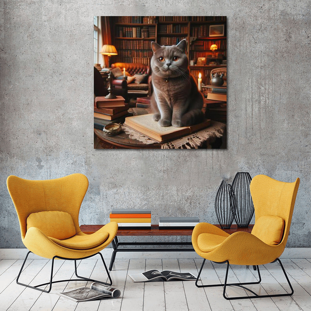 British Shorthair Cat in a Cosy Library: The Perfect Companion for Book and Cat Lovers