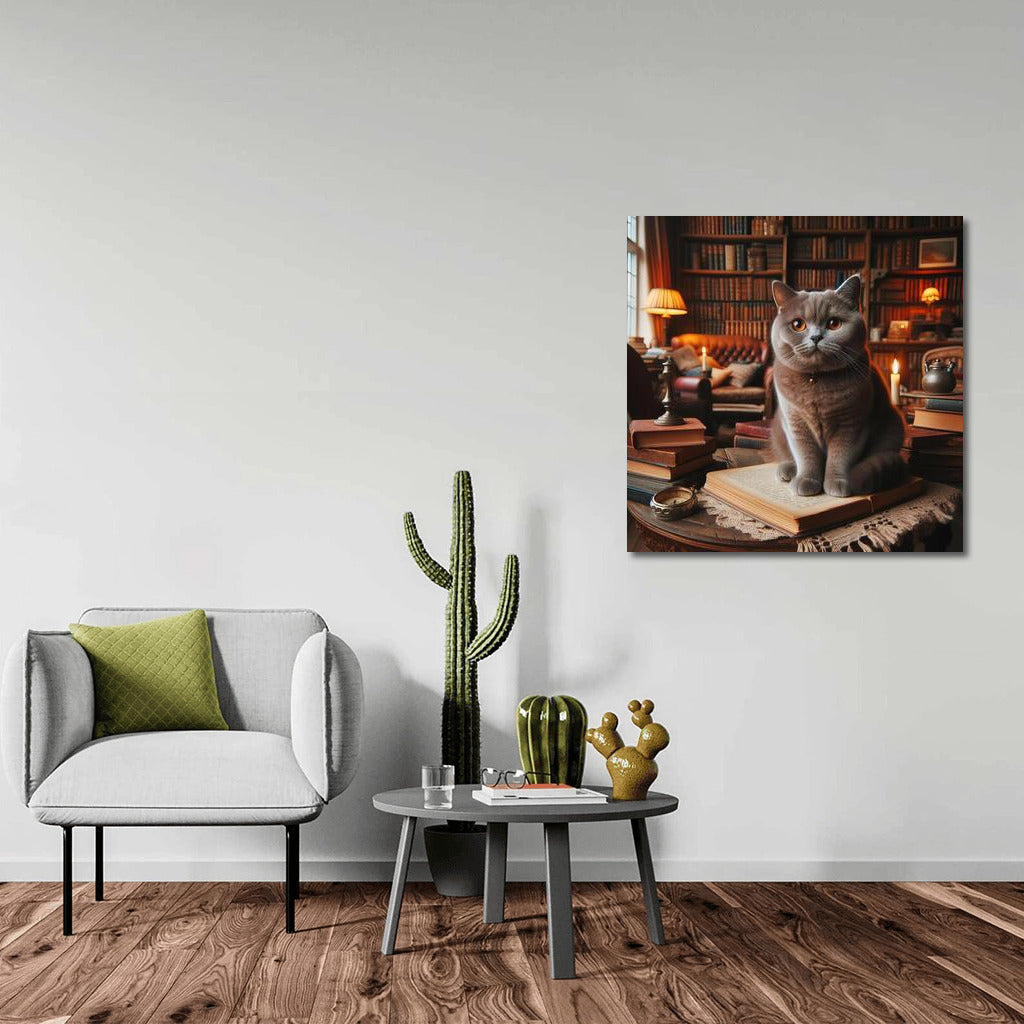 British Shorthair Cat in a Cosy Library: The Perfect Companion for Book and Cat Lovers