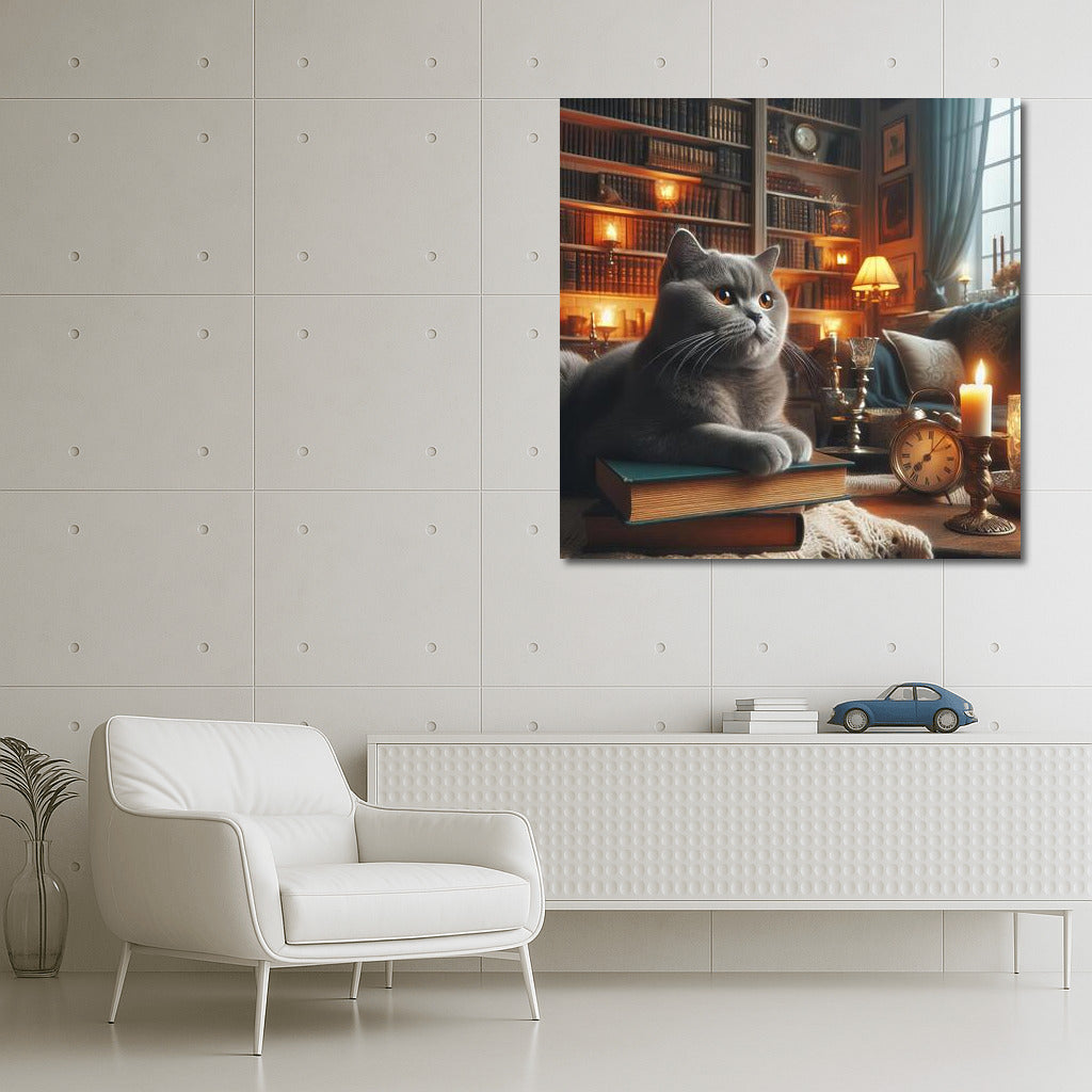 British Shorthair in a Cosy Library: Fluffy Elegance for Your Interior
