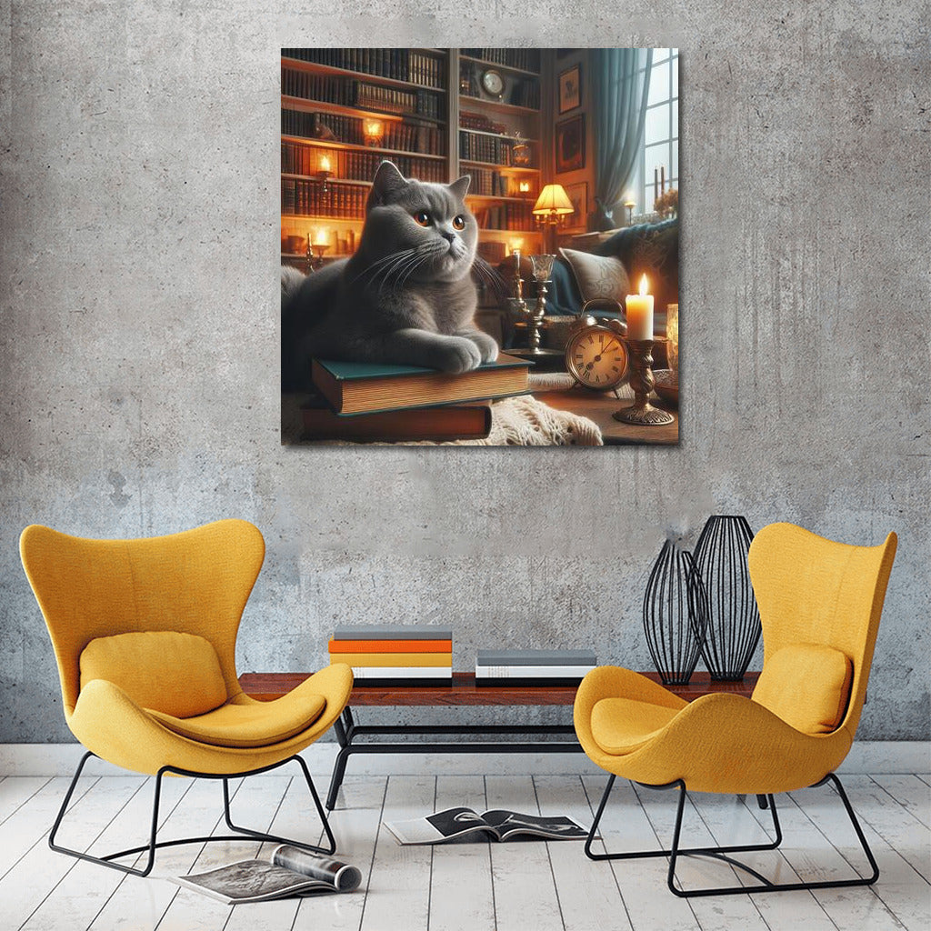 British Shorthair in a Cosy Library: Fluffy Elegance for Your Interior