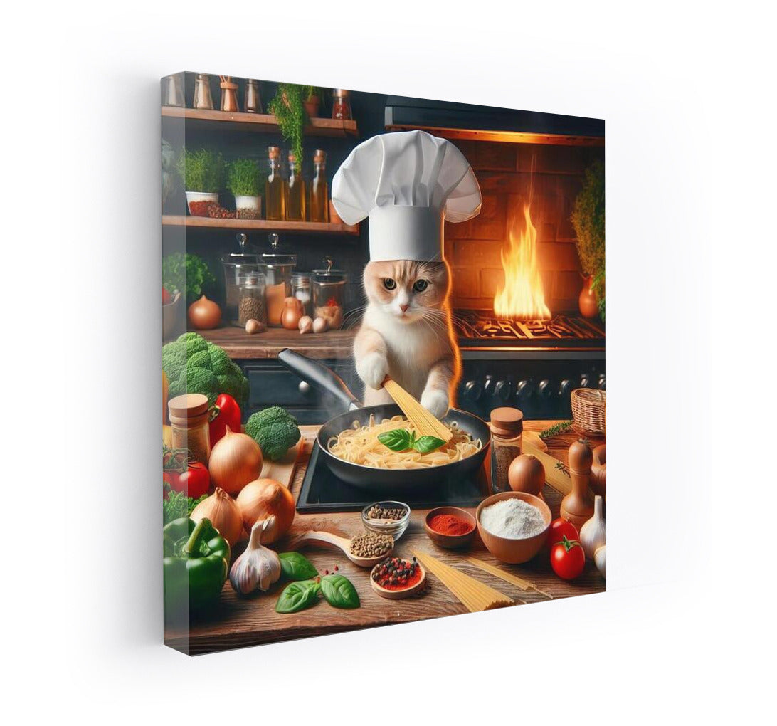 British Chef Cat in Italian Restaurant: Cooking Pasta Over a Flaming Stove