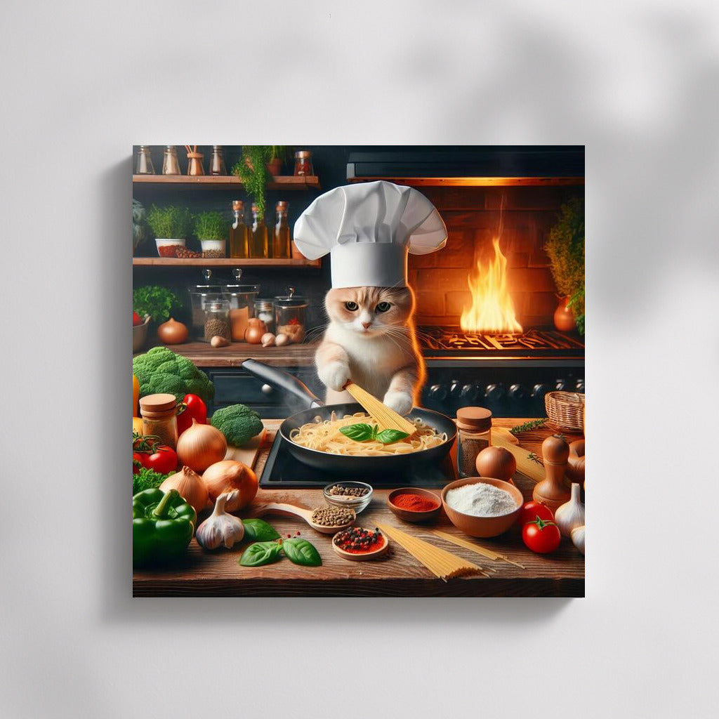 British Chef Cat in Italian Restaurant: Cooking Pasta Over a Flaming Stove