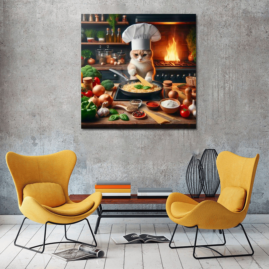 British Chef Cat in Italian Restaurant: Cooking Pasta Over a Flaming Stove