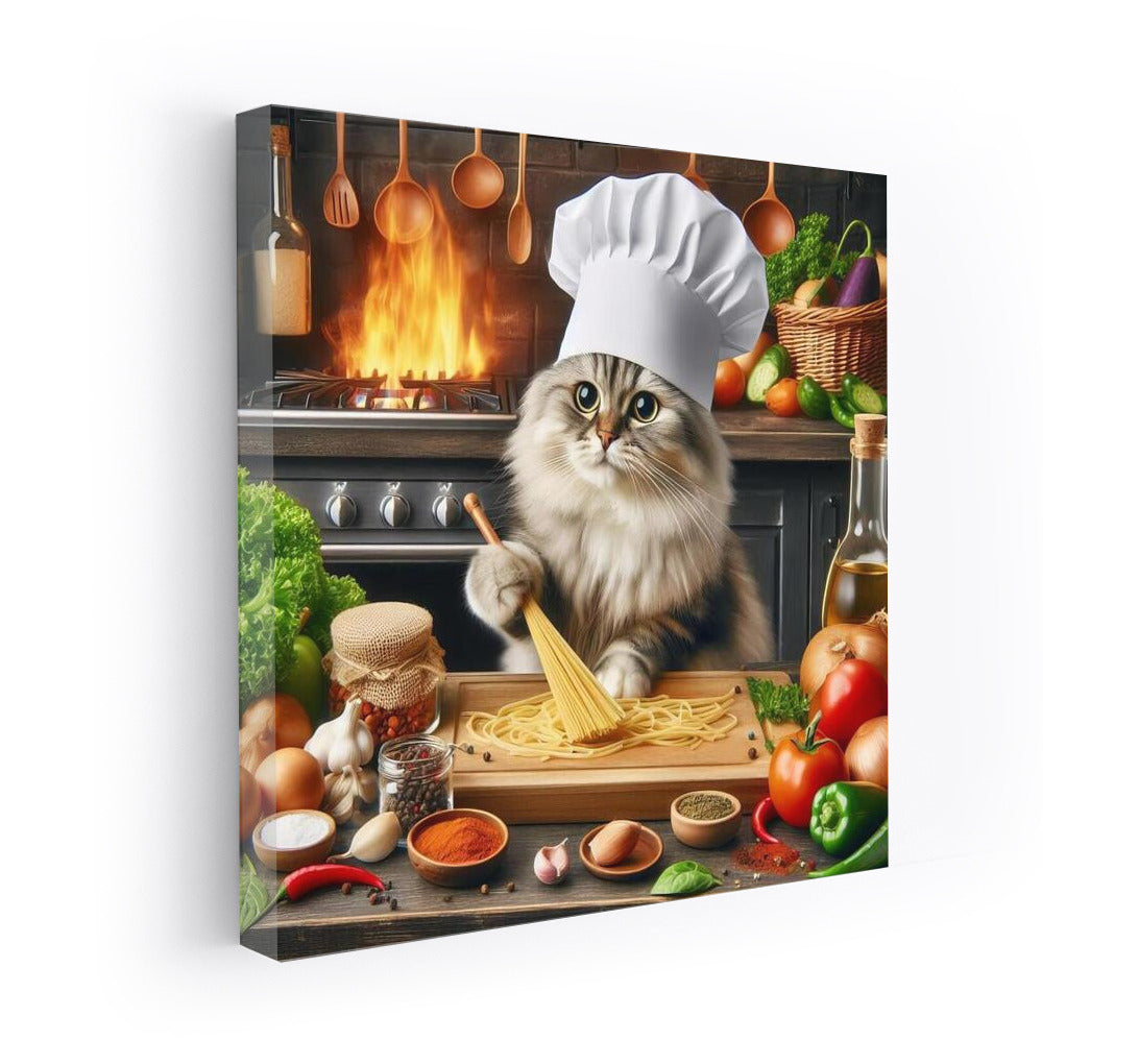 British Chef Cat in Italian Restaurant: Cooking Pasta Over a Flaming Stove