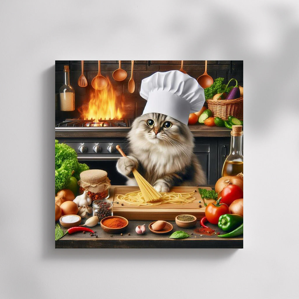 British Chef Cat in Italian Restaurant: Cooking Pasta Over a Flaming Stove