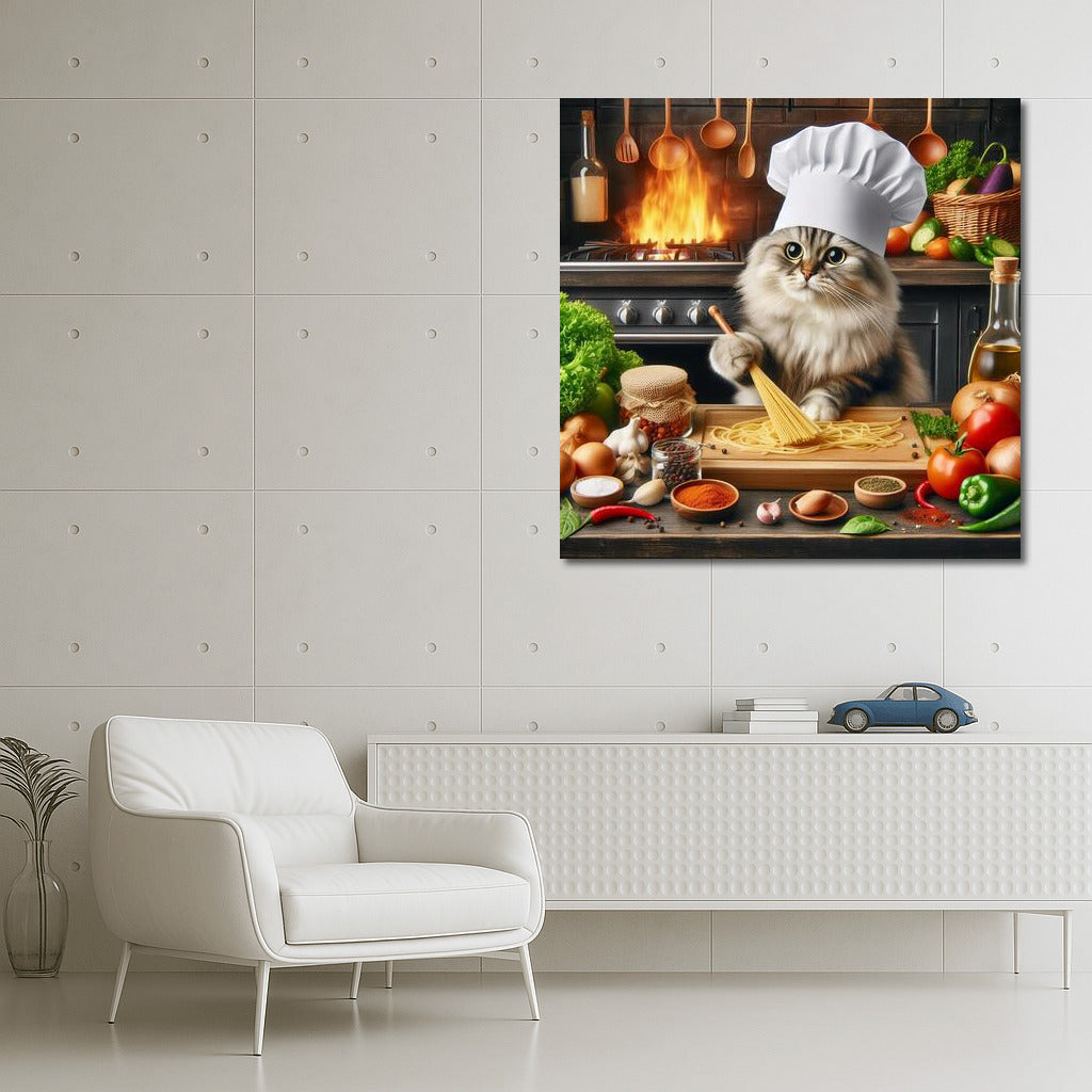 British Chef Cat in Italian Restaurant: Cooking Pasta Over a Flaming Stove