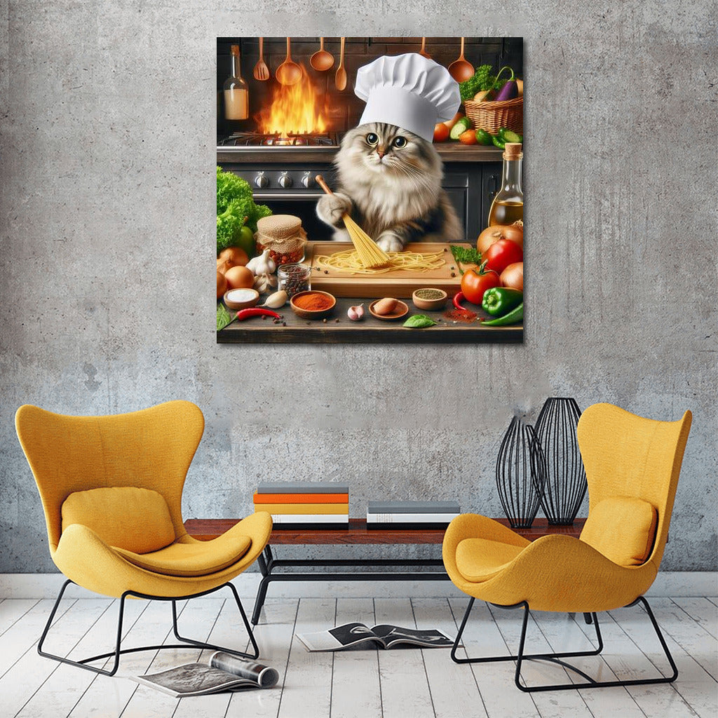 British Chef Cat in Italian Restaurant: Cooking Pasta Over a Flaming Stove