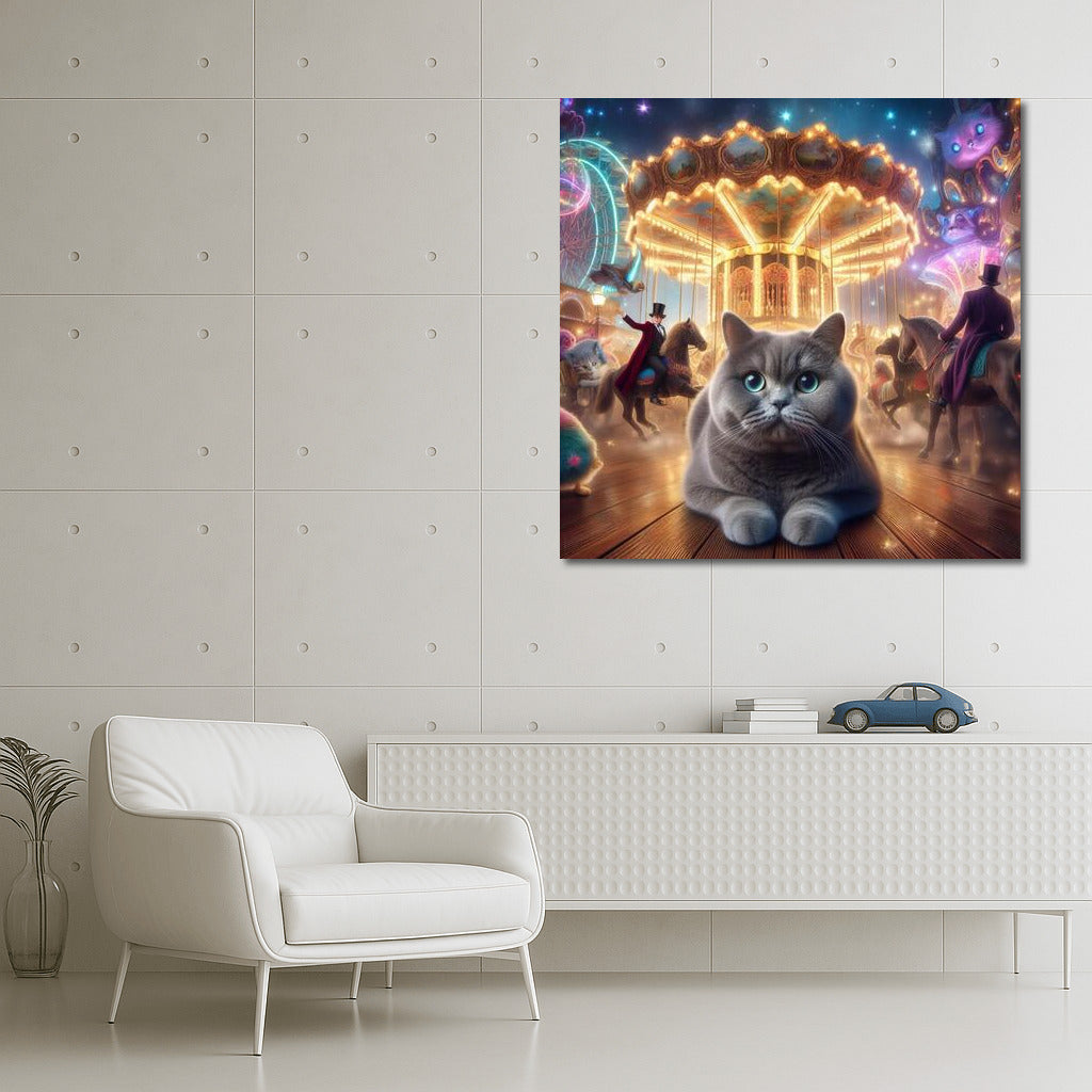 British Lop-Eared Cat in Wonderland: Carousel Magic and Mysterious Magicians