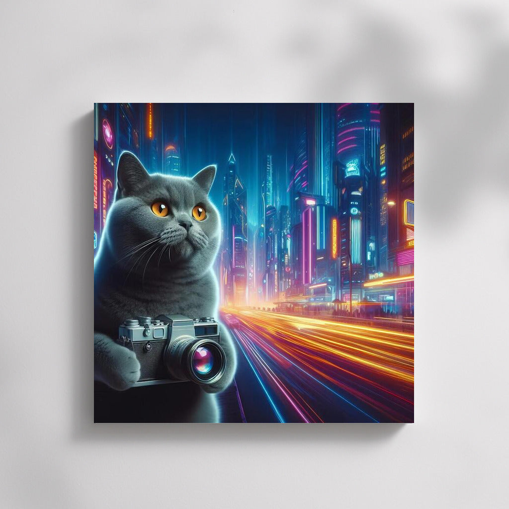 British Shorthair Cat Photographer in Future City: Bright Lights and Style