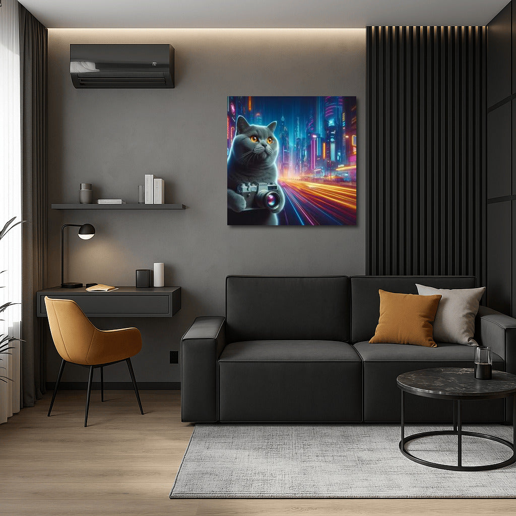 British Shorthair Cat Photographer in Future City: Bright Lights and Style