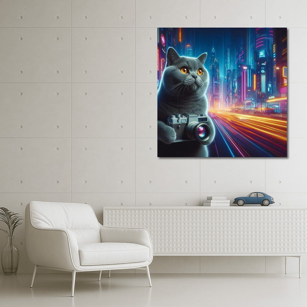 British Shorthair Cat Photographer in Future City: Bright Lights and Style