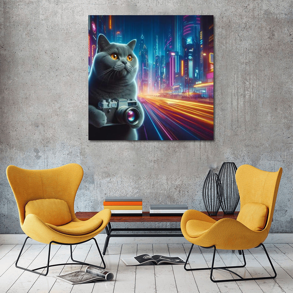 British Shorthair Cat Photographer in Future City: Bright Lights and Style
