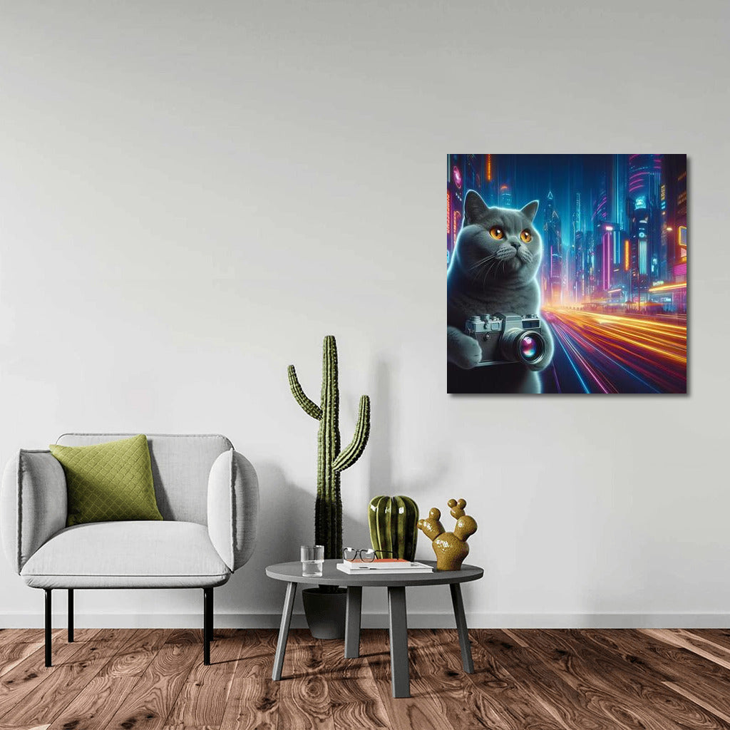British Shorthair Cat Photographer in Future City: Bright Lights and Style