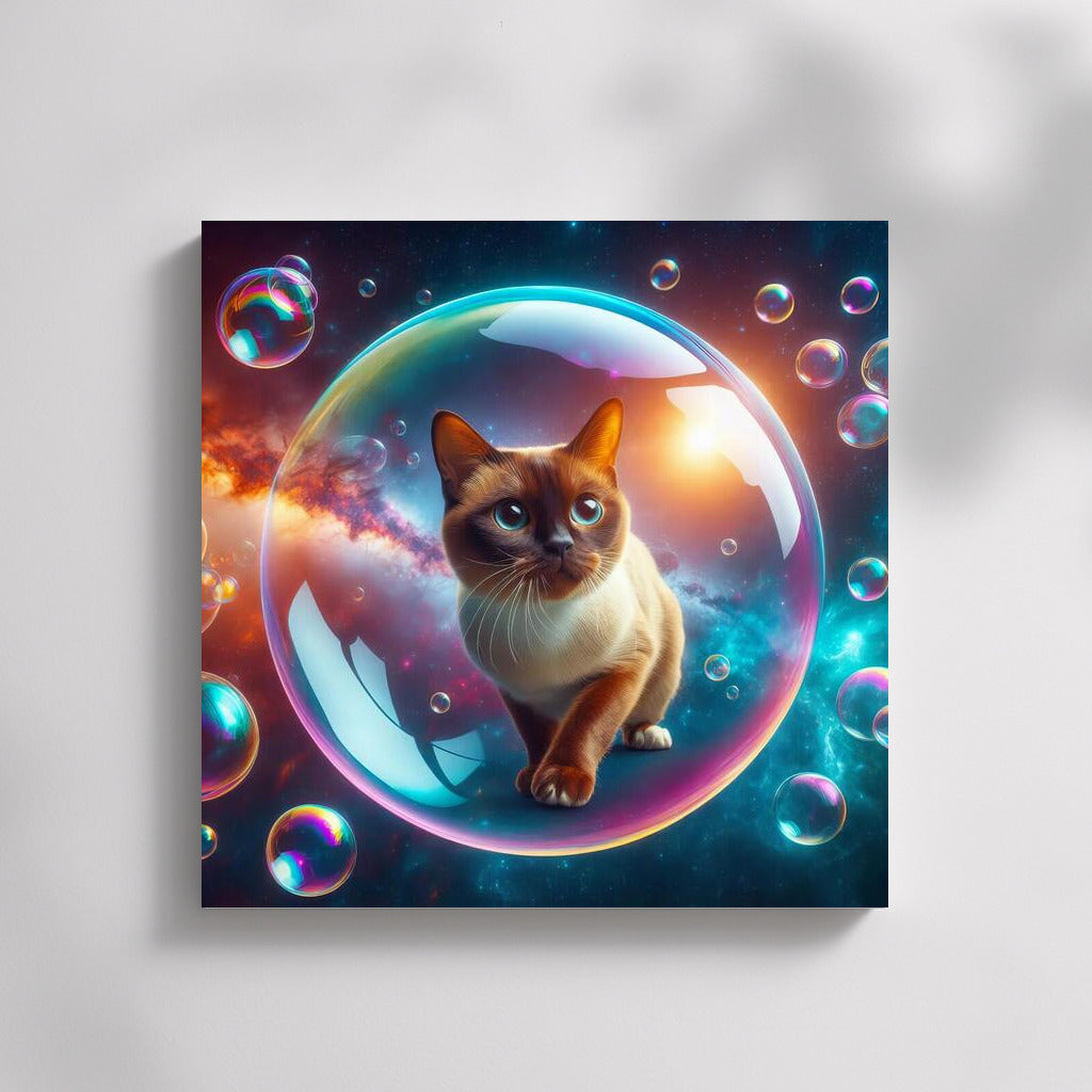 Burmese Cat in a Soap Bubble: A Dreamer's Space Journey