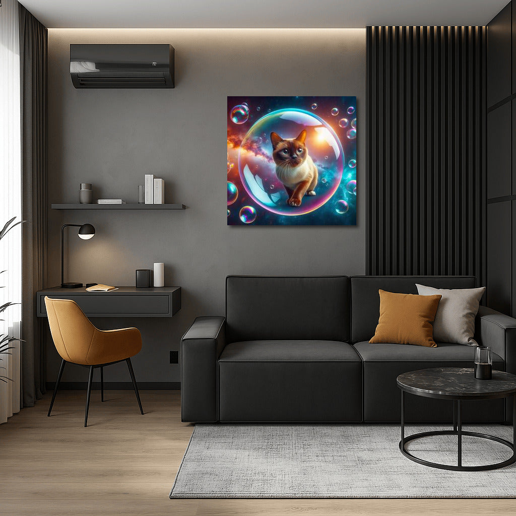 Burmese Cat in a Soap Bubble: A Dreamer's Space Journey