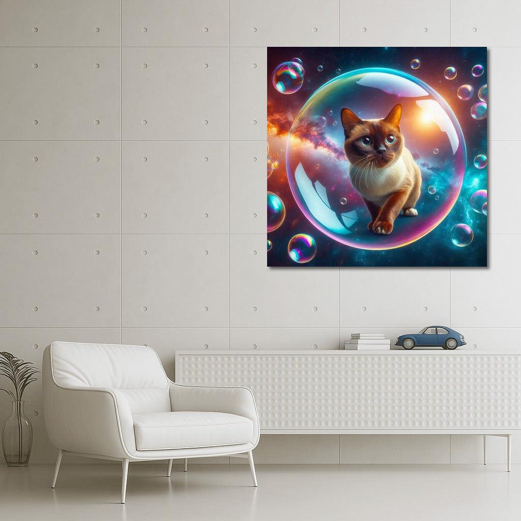 Burmese Cat in a Soap Bubble: A Dreamer's Space Journey