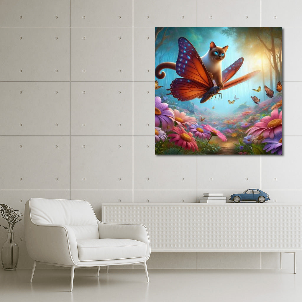 Burmese Cat on Butterfly Wings in Flower Forest