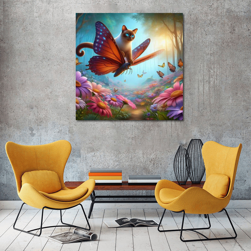 Burmese Cat on Butterfly Wings in Flower Forest
