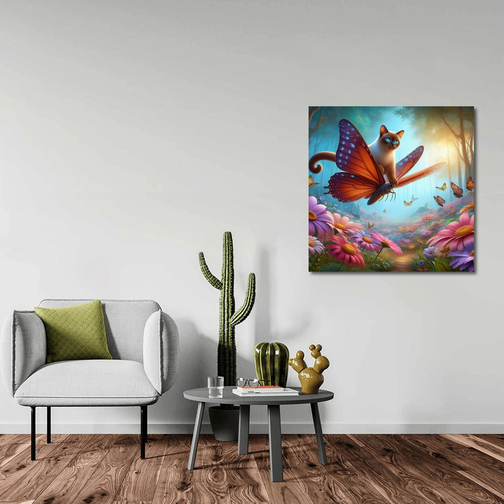 Burmese Cat on Butterfly Wings in Flower Forest
