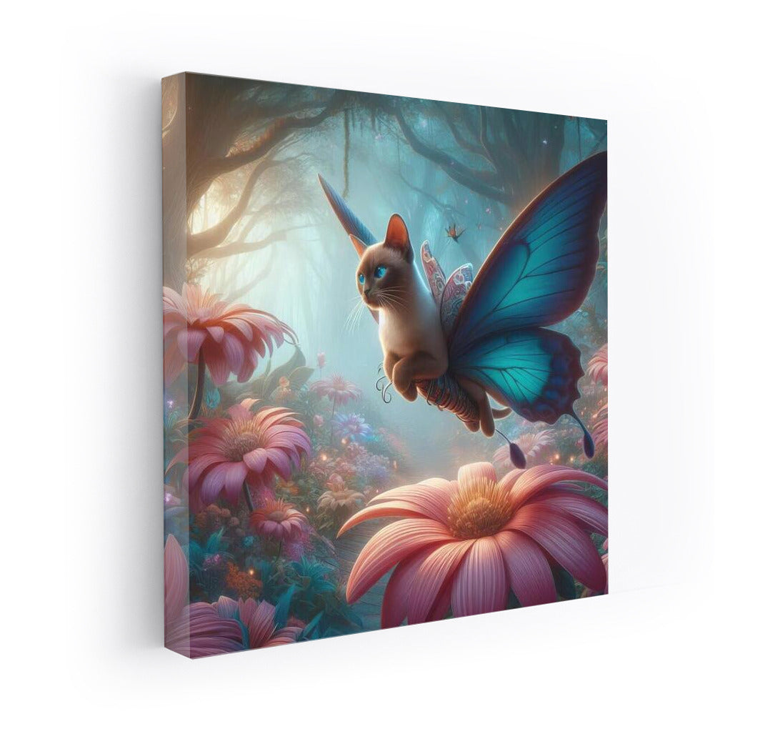 Burmese cat flying on butterfly wings in a magical forest
