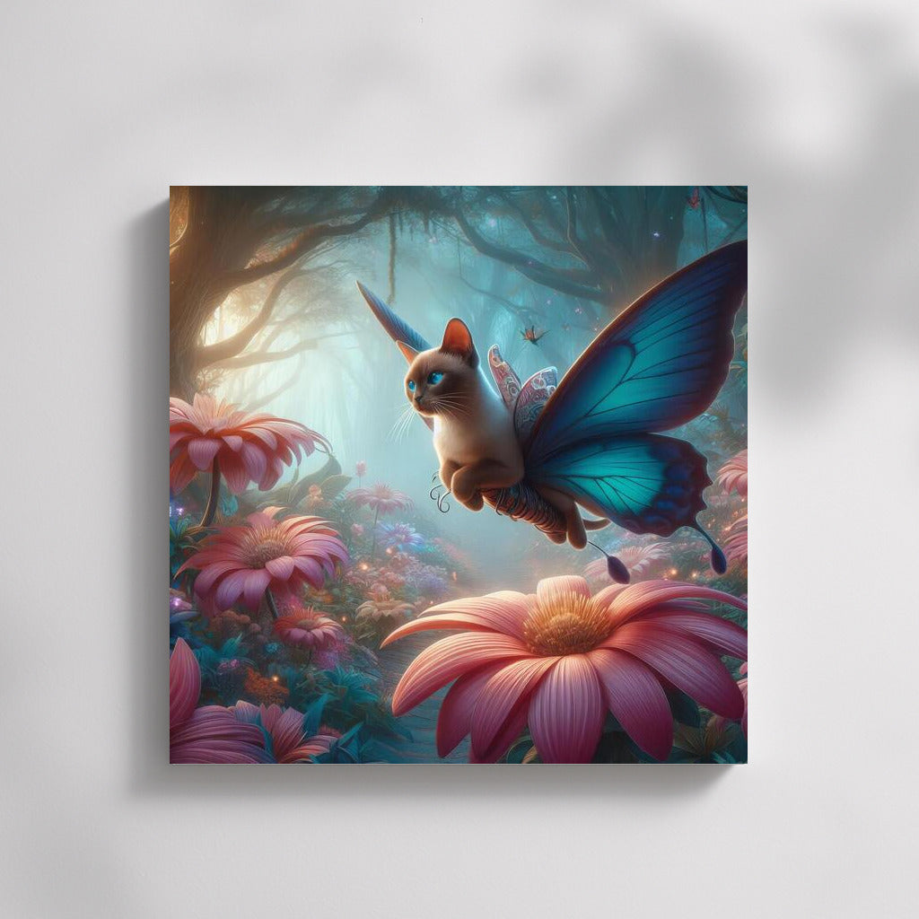 Burmese cat flying on butterfly wings in a magical forest