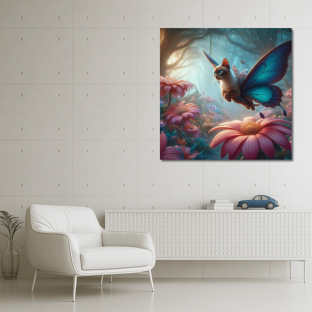 Burmese cat flying on butterfly wings in a magical forest