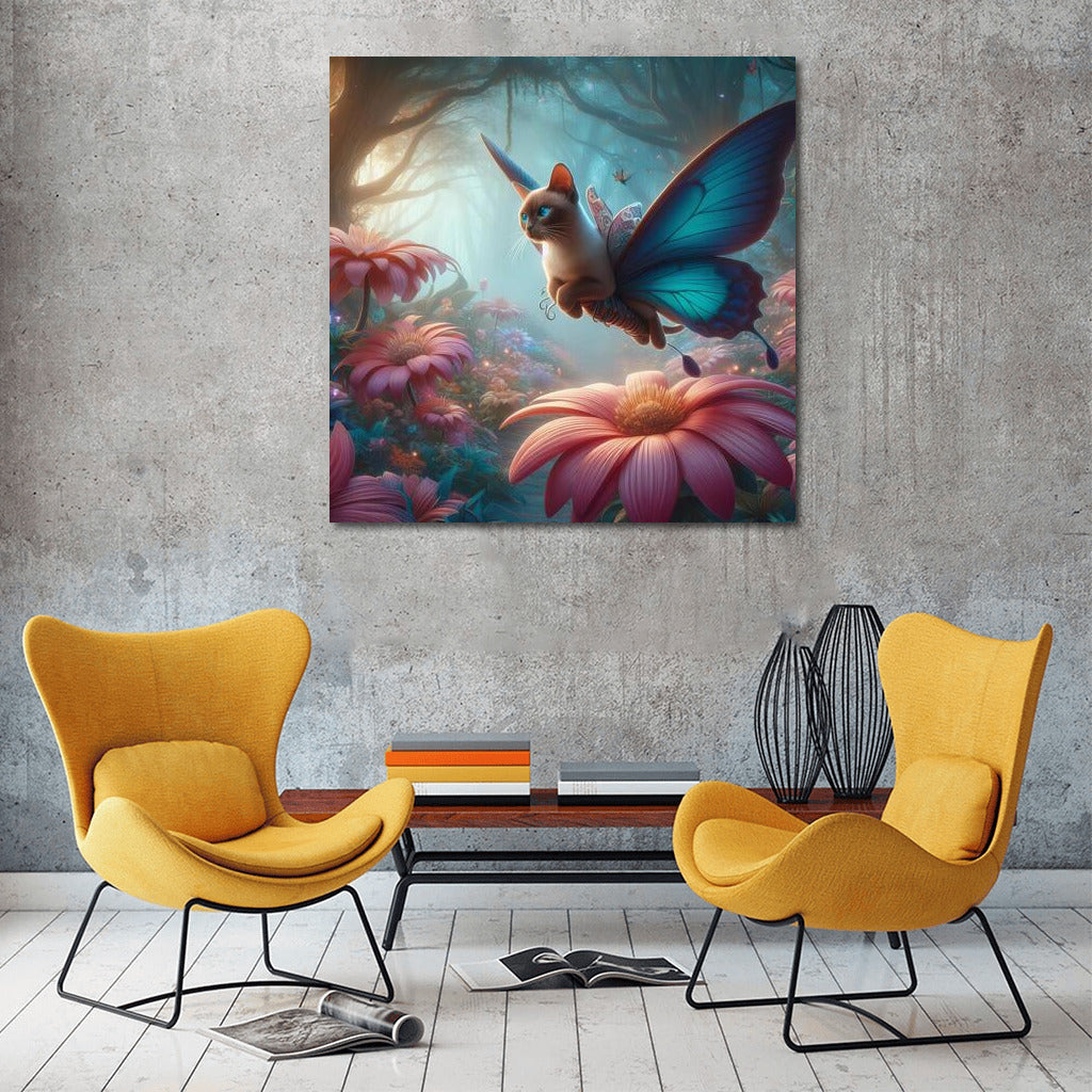 Burmese cat flying on butterfly wings in a magical forest
