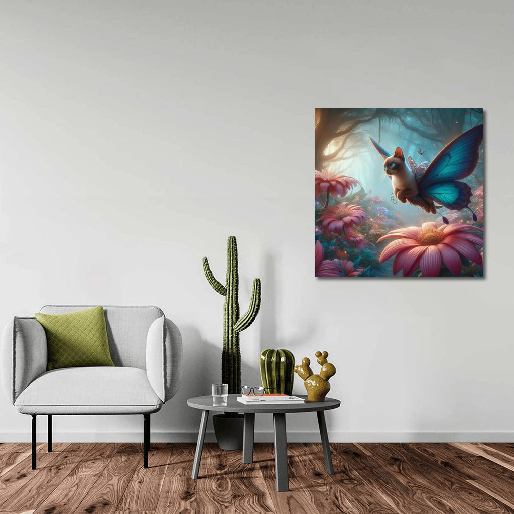 Burmese cat flying on butterfly wings in a magical forest