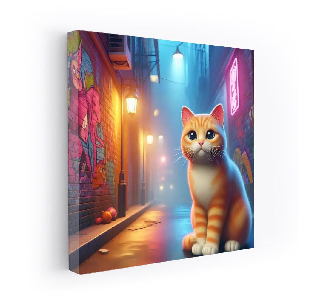 Neon Cat in City Lights: Journey Down the Alley