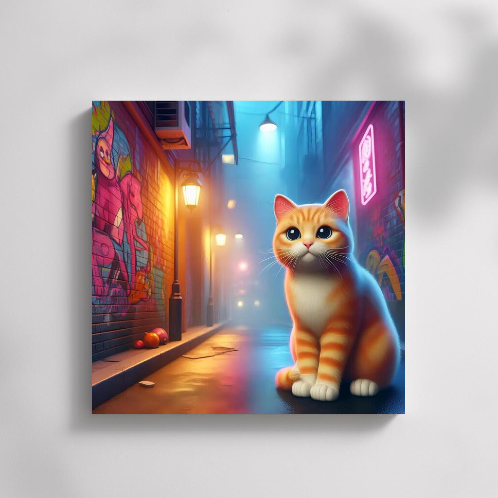 Neon Cat in City Lights: Journey Down the Alley