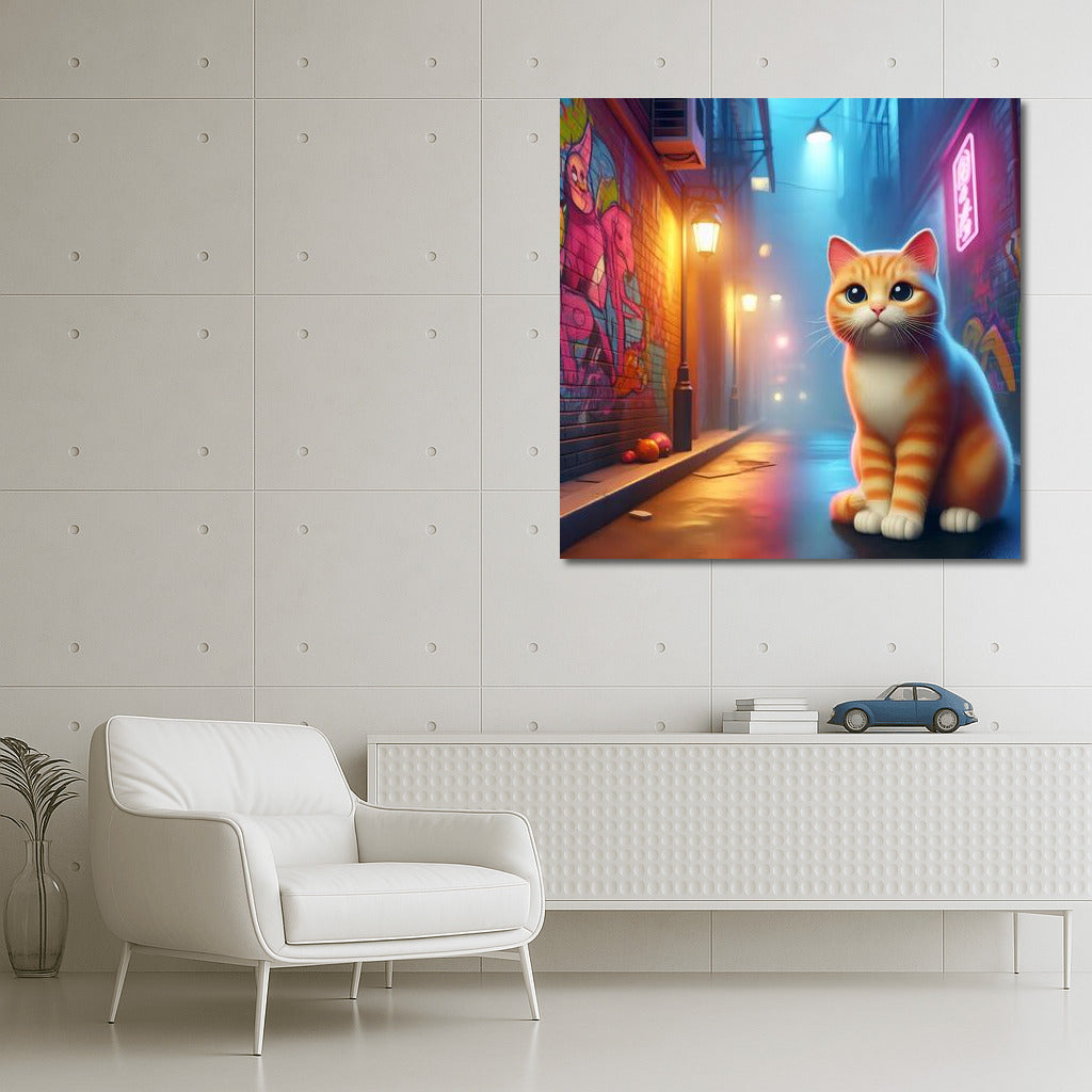 Neon Cat in City Lights: Journey Down the Alley