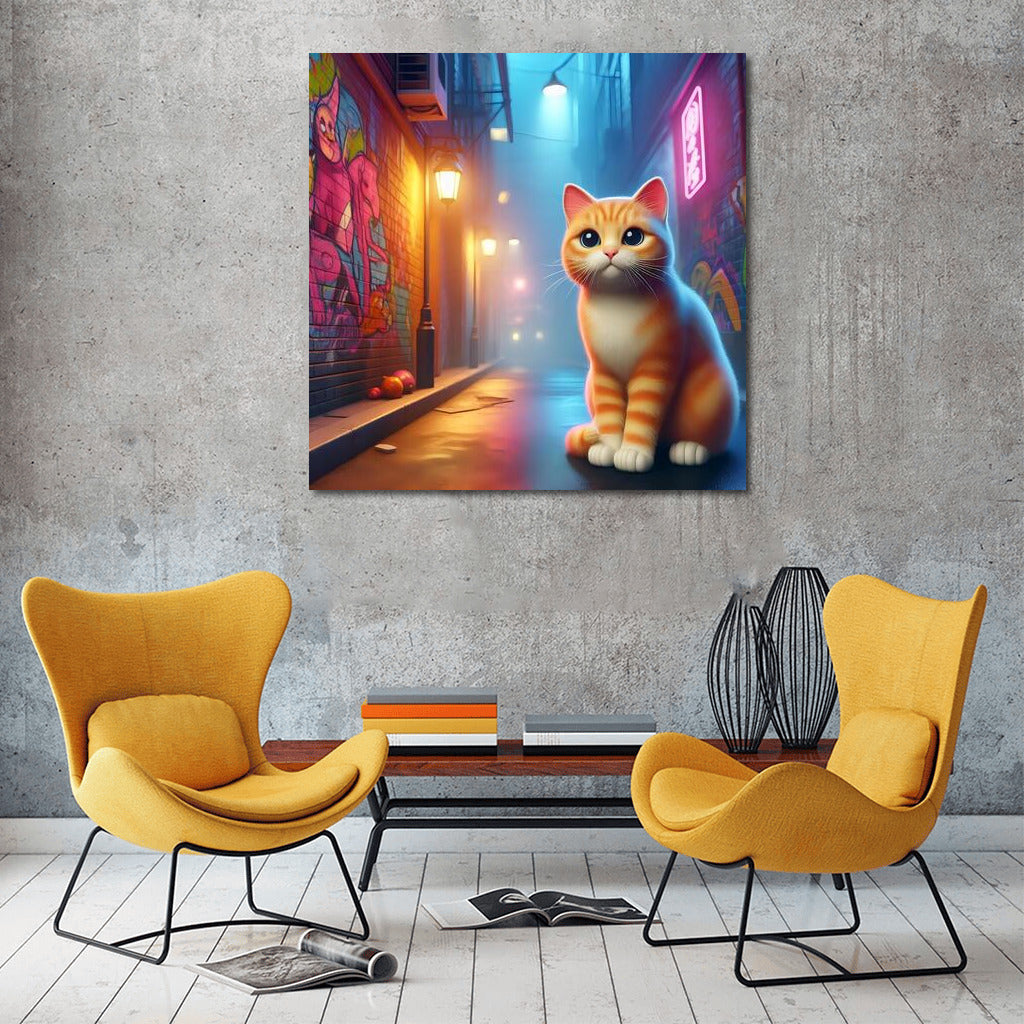 Neon Cat in City Lights: Journey Down the Alley