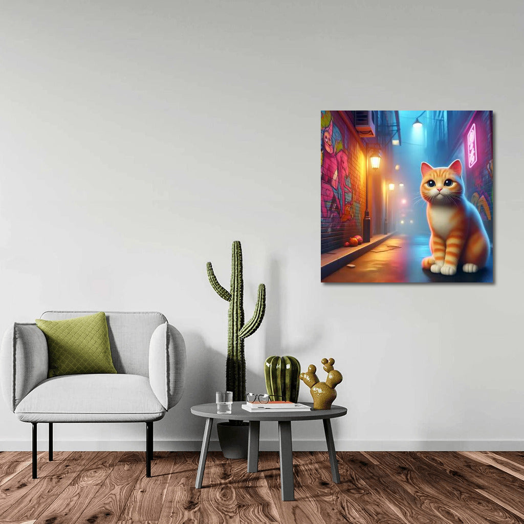 Neon Cat in City Lights: Journey Down the Alley