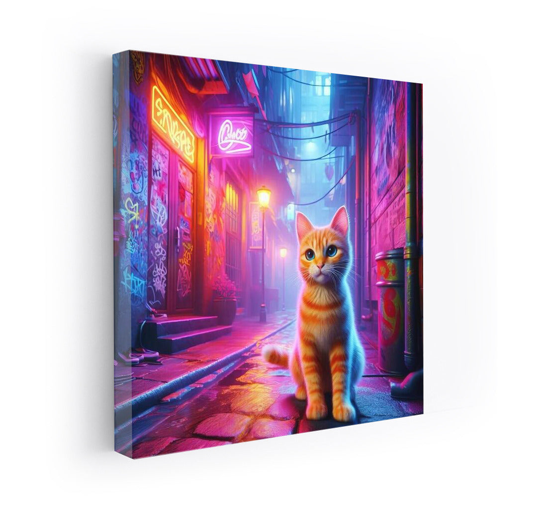 Neon Cat in City Alley: Bright Accent for Your Walls