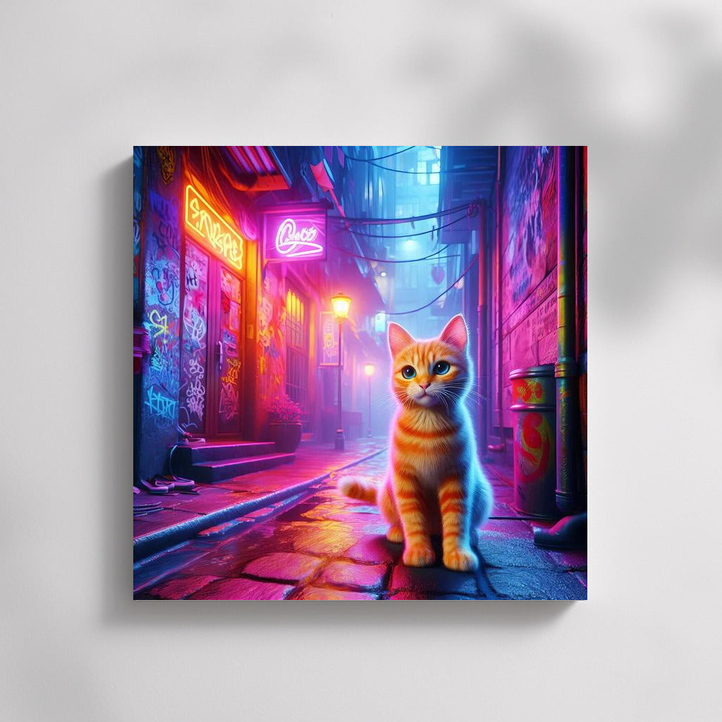Neon Cat in City Alley: Bright Accent for Your Walls