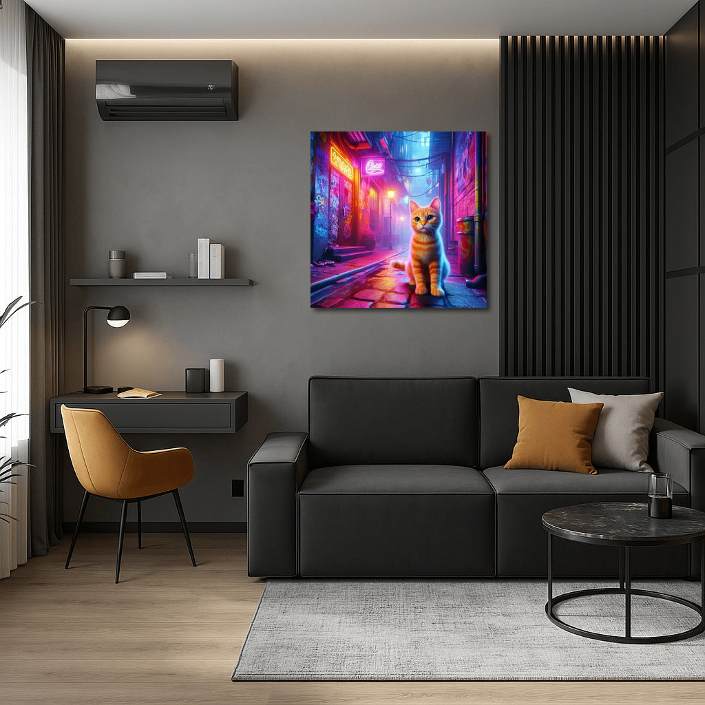 Neon Cat in City Alley: Bright Accent for Your Walls