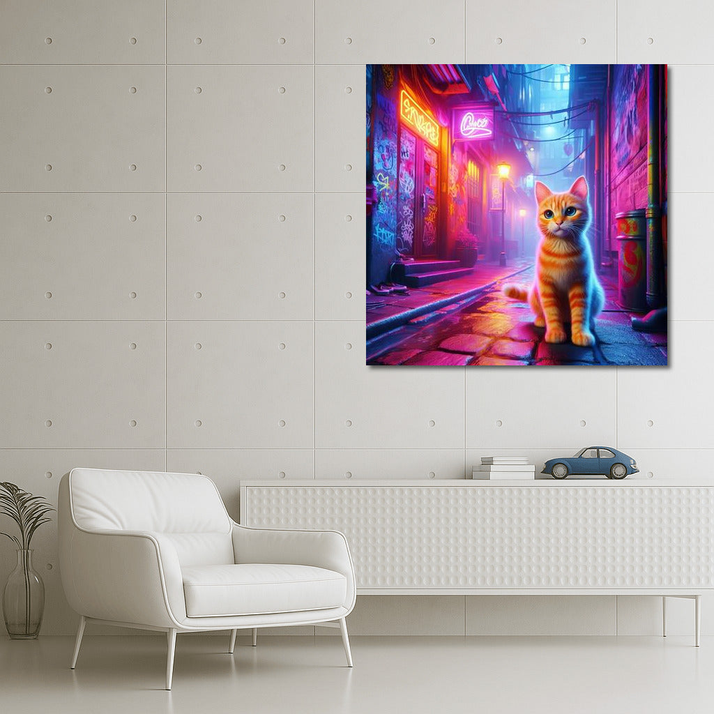 Neon Cat in City Alley: Bright Accent for Your Walls