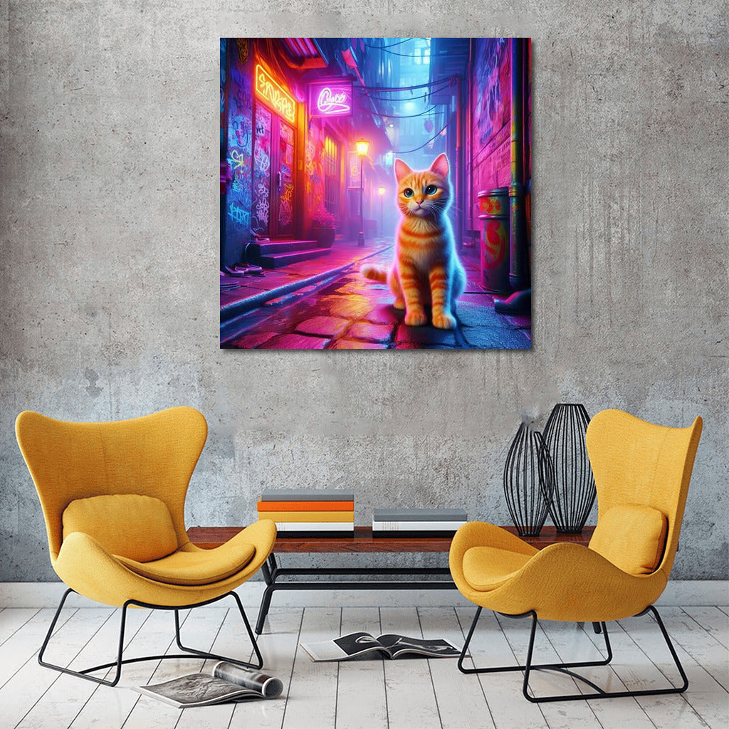 Neon Cat in City Alley: Bright Accent for Your Walls