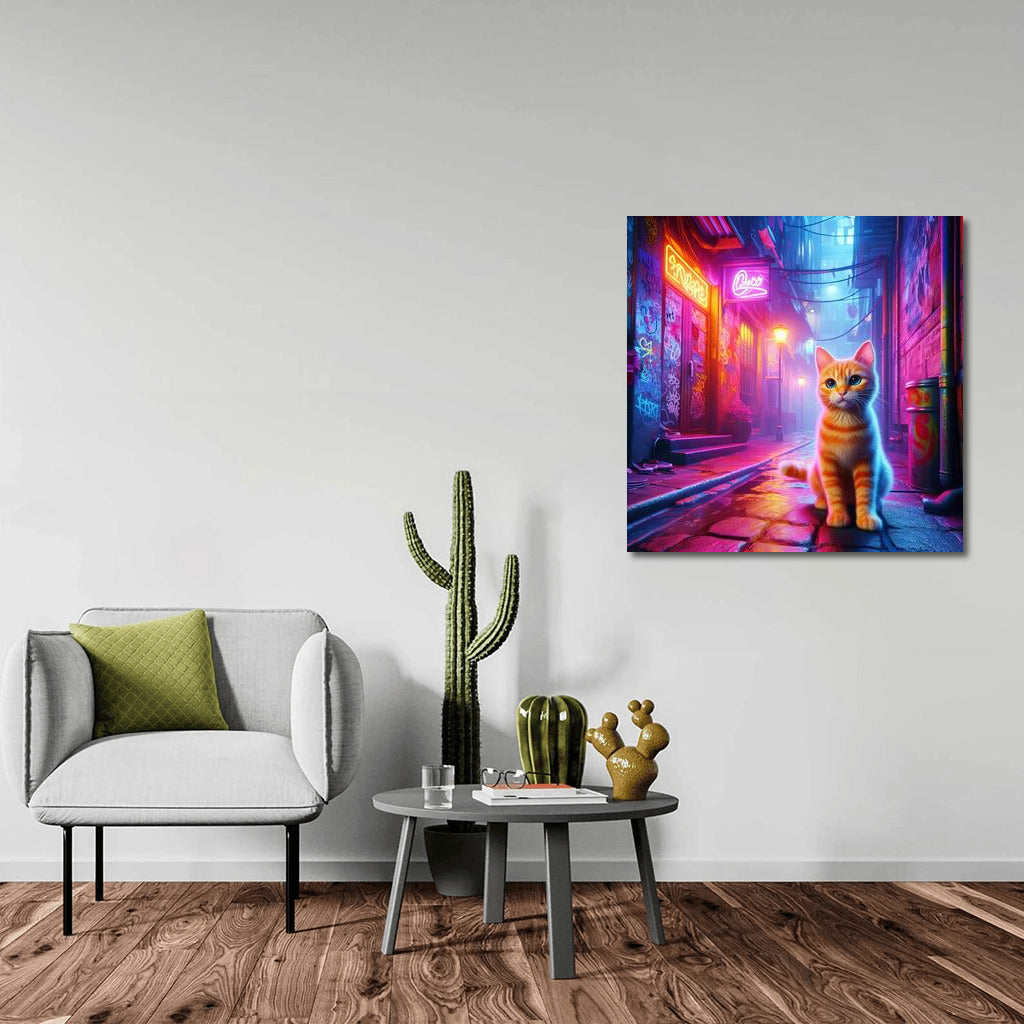 Neon Cat in City Alley: Bright Accent for Your Walls