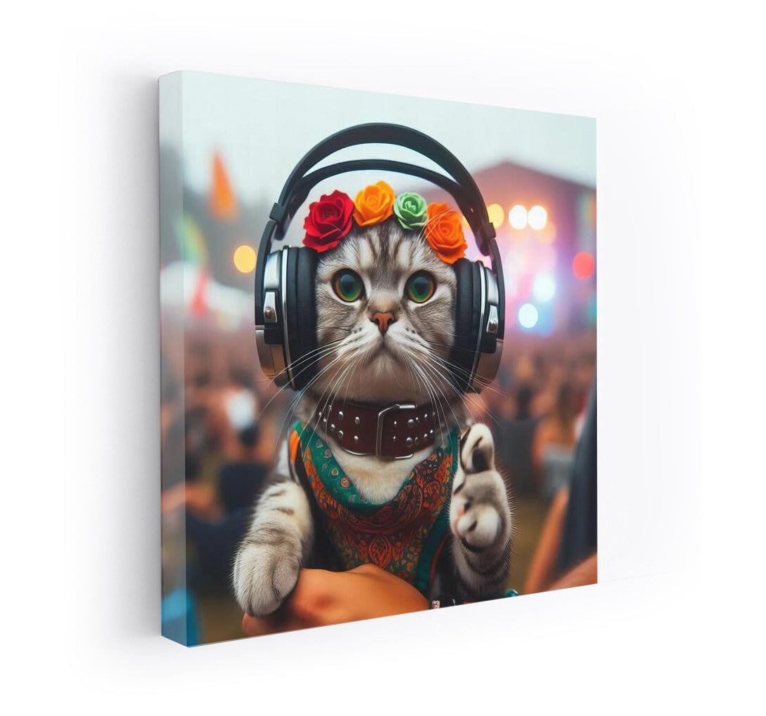 Musical Cat at the Festival: Stylish Headphones and Flower Crown